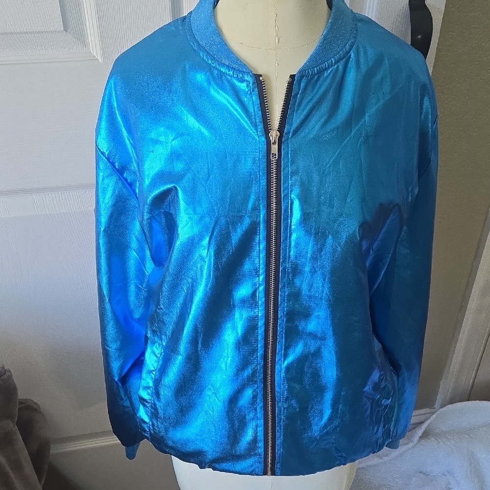 WULFUL Metallic Blue Bomber Jacket | Leopard Lining | Size Medium